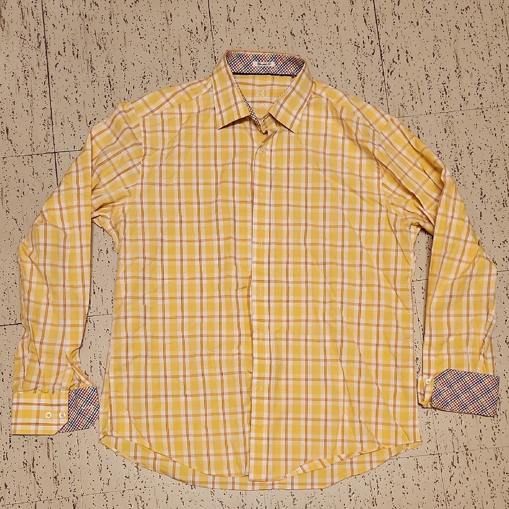 Bugatchi White And Yellow Two Tone Plaid Button Down Casual Dress Shirt